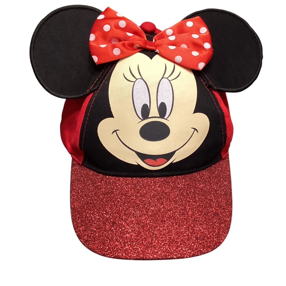 Disney Minnie Mouse Girls Red Glitter Baseball Cap 3D Ears Polka Dot Glitter EUC